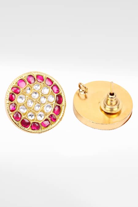 Shop Sangeeta Boochra Gold Plated Stones, Pearls Ruby Studded Earrings at Aza Fashions Shop_Sangeeta Boochra_Gold Plated Stones, Pearls Ruby Studded Earrings _at_Aza_Fashions