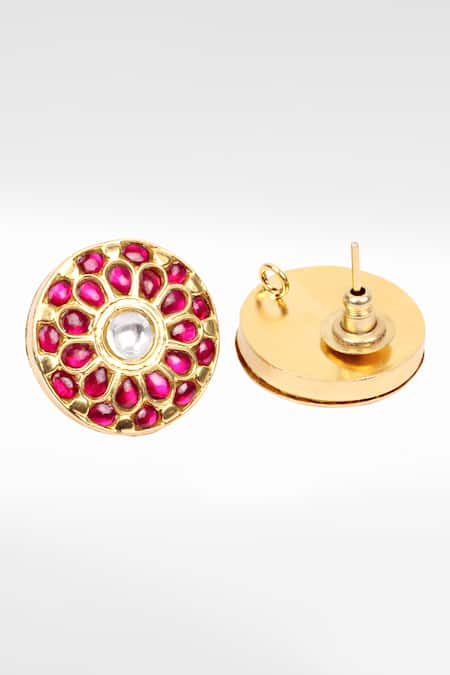 Shop Sangeeta Boochra Gold Plated Stones Floral Ruby Studded Earrings at Aza Fashions Shop_Sangeeta Boochra_Gold Plated Stones Floral Ruby Studded Earrings _at_Aza_Fashions