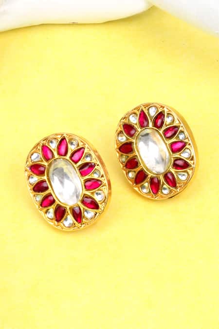 Sangeeta Boochra Gold Plated Stones, Diamonds Oval Kundan Work Stud Earrings 