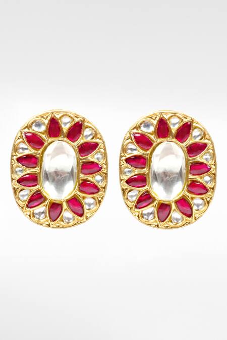 Sangeeta Boochra Gold Plated Stones, Diamonds Oval Kundan Work Stud Earrings Online at Aza Fashions Sangeeta Boochra_Gold Plated Stones, Diamonds Oval Kundan Work Stud Earrings _Online_at_Aza_Fashions