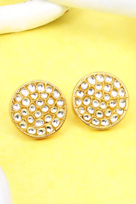 Sangeeta Boochra Gold Plated Diamonds, Stones Round Kundan Work Stud Earrings 