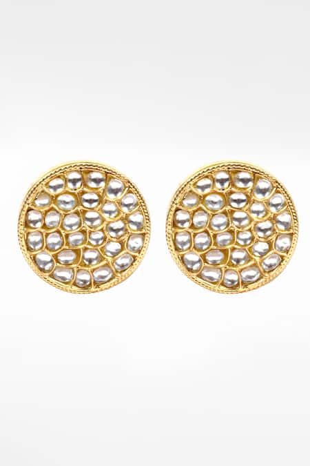 Shop Sangeeta Boochra Gold Plated Diamonds, Stones Round Kundan Work Stud Earrings at Aza Fashions Shop_Sangeeta Boochra_Gold Plated Diamonds, Stones Round Kundan Work Stud Earrings _at_Aza_Fashions