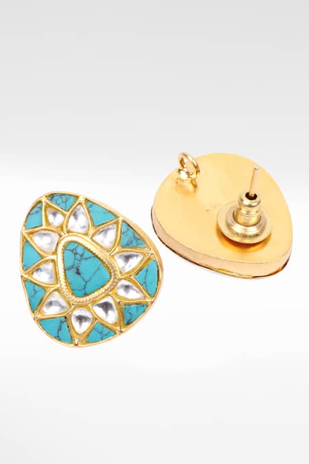 Shop Sangeeta Boochra Gold Plated Stones Triangular Studded Earrings at Aza Fashions Shop_Sangeeta Boochra_Gold Plated Stones Triangular Studded Earrings _at_Aza_Fashions