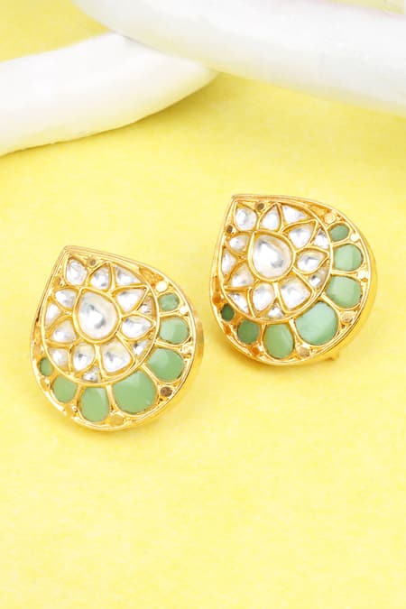 Sangeeta Boochra Gold Plated Stones, Diamonds Silver Drop Work Stud Earrings 