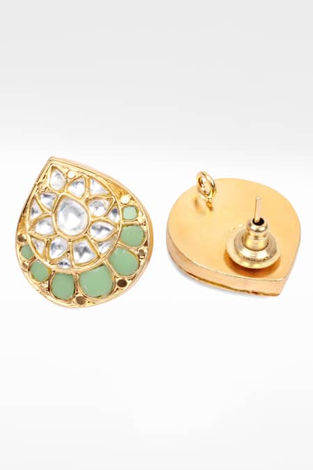 Shop Sangeeta Boochra Gold Plated Stones, Diamonds Silver Drop Work Stud Earrings at Aza Fashions Shop_Sangeeta Boochra_Gold Plated Stones, Diamonds Silver Drop Work Stud Earrings _at_Aza_Fashions