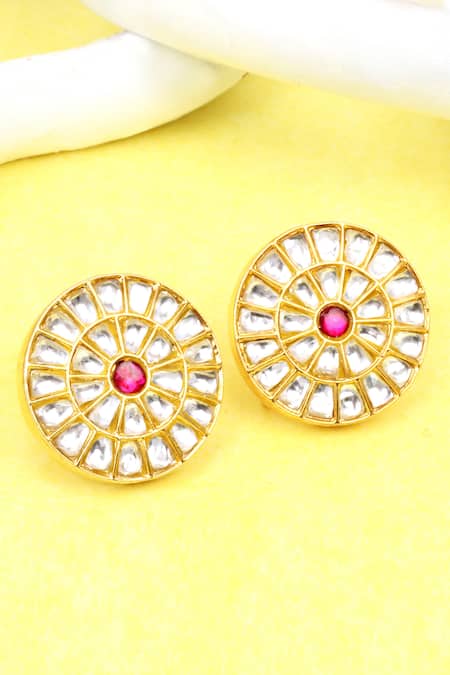 Sangeeta Boochra Gold Plated Stones, Zari Silver Floral Kundan Work Stud Earrings 