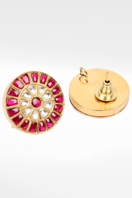 Shop Sangeeta Boochra Gold Plated Rhinestones, Stones Round Kundan Embellished Earrings at Aza Fashions Shop_Sangeeta Boochra_Gold Plated Rhinestones, Stones Round Kundan Embellished Earrings _at_Aza_Fashions