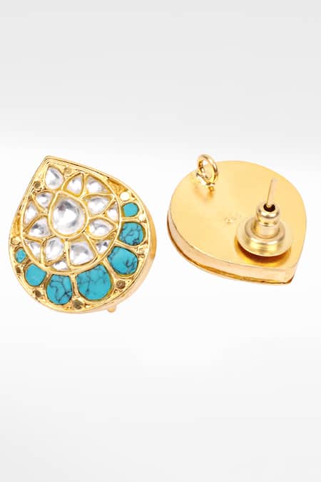 Shop Sangeeta Boochra Gold Plated Stones Turquoise And Kundan Embellished Earrings at Aza Fashions Shop_Sangeeta Boochra_Gold Plated Stones Turquoise And Kundan Embellished Earrings _at_Aza_Fashions