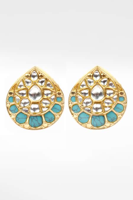 Sangeeta Boochra Gold Plated Stones Turquoise And Kundan Embellished Earrings Online at Aza Fashions Sangeeta Boochra_Gold Plated Stones Turquoise And Kundan Embellished Earrings _Online_at_Aza_Fashions