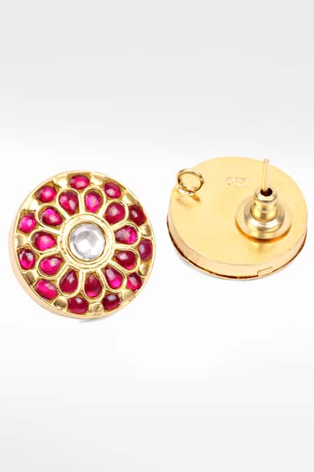 Shop Sangeeta Boochra Gold Plated Rhinestones, Stones Floral Kundan Embellished Earrings at Aza Fashions Shop_Sangeeta Boochra_Gold Plated Rhinestones, Stones Floral Kundan Embellished Earrings _at_Aza_Fashions