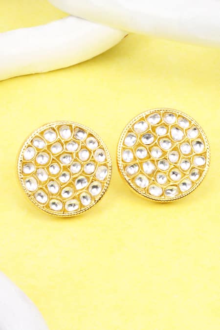 Sangeeta Boochra Gold Plated Rhinestones Round Kundan Encrusted Stud Earrings 