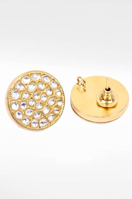 Shop Sangeeta Boochra Gold Plated Rhinestones Round Kundan Encrusted Stud Earrings at Aza Fashions Shop_Sangeeta Boochra_Gold Plated Rhinestones Round Kundan Encrusted Stud Earrings _at_Aza_Fashions