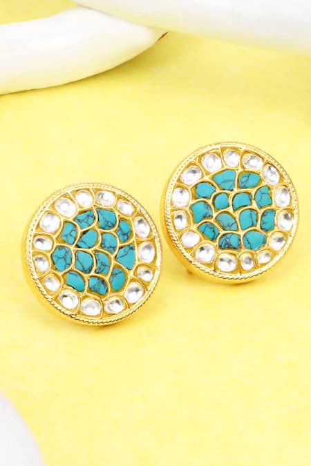Sangeeta Boochra Gold Plated Diamonds, Stones Handcrafted Kundan And Turquoise Earrings 