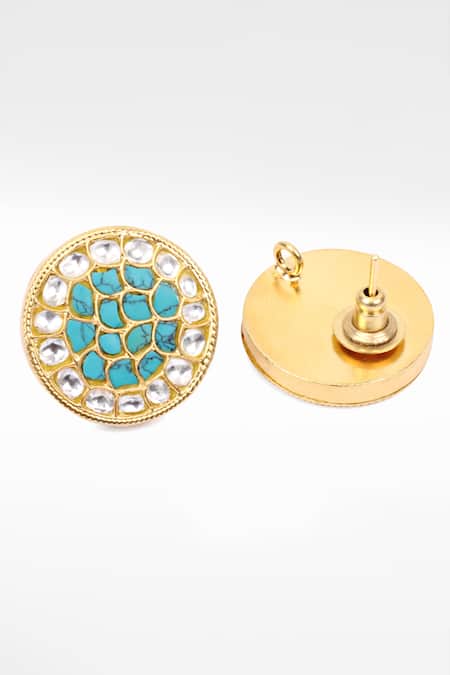 Shop Sangeeta Boochra Gold Plated Diamonds, Stones Handcrafted Kundan And Turquoise Earrings at Aza Fashions Shop_Sangeeta Boochra_Gold Plated Diamonds, Stones Handcrafted Kundan And Turquoise Earrings _at_Aza_Fashions
