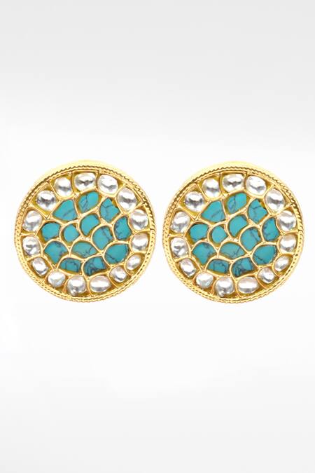 Sangeeta Boochra Gold Plated Diamonds, Stones Handcrafted Kundan And Turquoise Earrings Online at Aza Fashions Sangeeta Boochra_Gold Plated Diamonds, Stones Handcrafted Kundan And Turquoise Earrings _Online_at_Aza_Fashions