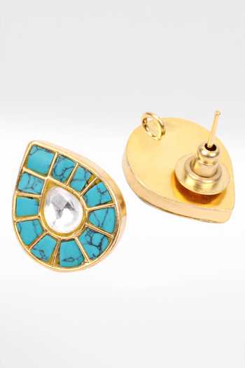 Shop Sangeeta Boochra Gold Plated Tassels, Stones Drop Shaped Turquoise Earrings at Aza Fashions Shop_Sangeeta Boochra_Gold Plated Tassels, Stones Drop Shaped Turquoise Earrings _at_Aza_Fashions