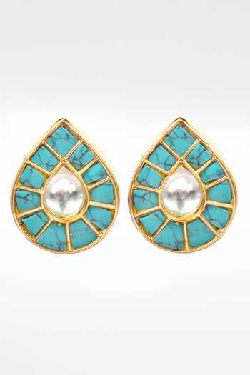 Sangeeta Boochra Gold Plated Tassels, Stones Drop Shaped Turquoise Earrings Online at Aza Fashions Sangeeta Boochra_Gold Plated Tassels, Stones Drop Shaped Turquoise Earrings _Online_at_Aza_Fashions