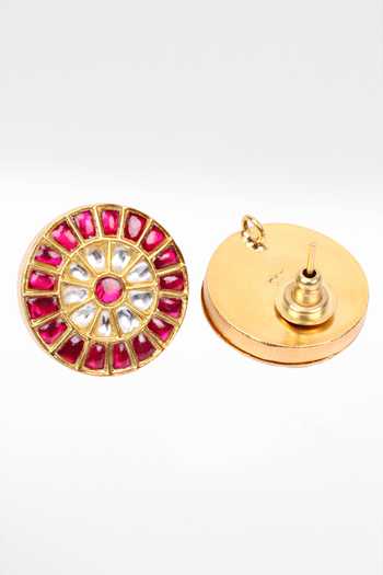 Shop Sangeeta Boochra Gold Plated Rhinestones, Stones Round Shaped Ruby Studded Earrings at Aza Fashions Shop_Sangeeta Boochra_Gold Plated Rhinestones, Stones Round Shaped Ruby Studded Earrings _at_Aza_Fashions