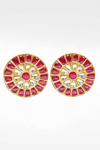 Sangeeta Boochra Gold Plated Rhinestones, Stones Round Shaped Ruby Studded Earrings Online at Aza Fashions Sangeeta Boochra_Gold Plated Rhinestones, Stones Round Shaped Ruby Studded Earrings _Online_at_Aza_Fashions