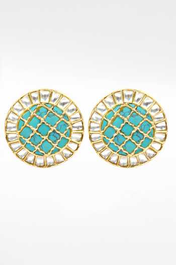 Sangeeta Boochra Gold Plated Stones Round Turquoise Studded Earrings Online at Aza Fashions Sangeeta Boochra_Gold Plated Stones Round Turquoise Studded Earrings _Online_at_Aza_Fashions