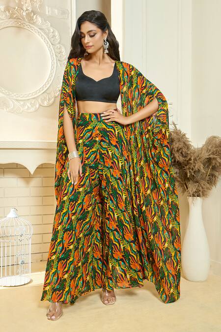 Shop Aariyana Couture Multi Color Lycra, Georgette, Viscose Tropical Print Cape And Flared Pant Set Shop_Aariyana Couture_Multi Color Lycra, Georgette, Viscose Tropical Print Cape And Flared Pant Set