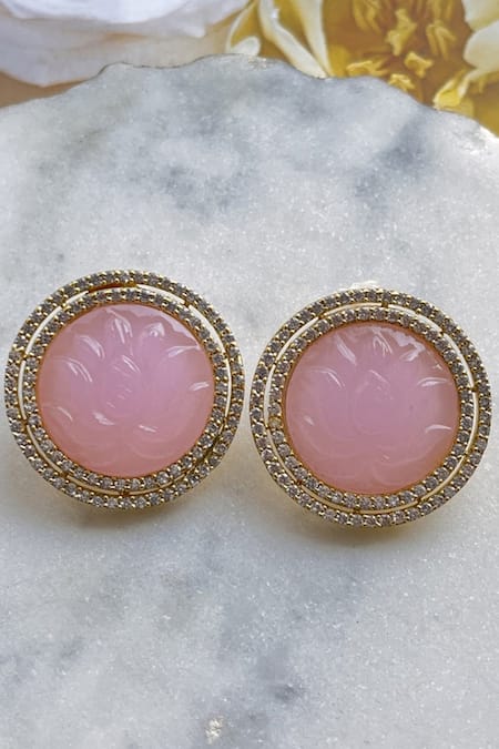 Shop_Mnsh_Pink Stones Lotus Embellished Stud Earrings _at_Aza_Fashions