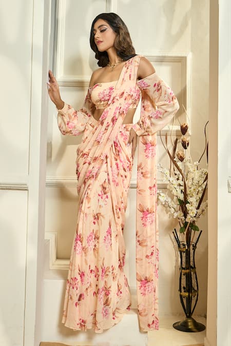 Shop Aariyana Couture Multi Color Viscose, Georgette Floral Print Pre-stitched Saree With Blouse Online at Aza Fashions Shop_Aariyana Couture_Multi Color Viscose, Georgette Floral Print Pre-stitched Saree With Blouse _Online_at_Aza_Fashions