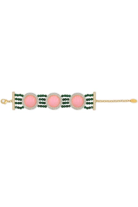 Shop Mnsh Pink Crystals, Beads Lotus Carved Stone Encrusted Bracelet at Aza Fashions Shop_Mnsh_Pink Crystals, Beads Lotus Carved Stone Encrusted Bracelet _at_Aza_Fashions