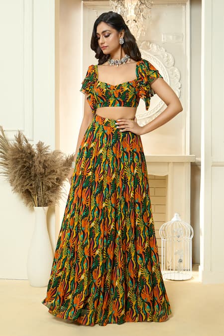 Aariyana Couture Multi Color Viscose Georgette Printed Ruffle Sleeve Blouse And Lehenga Set 