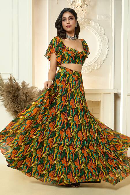 Shop_Aariyana Couture_Multi Color Viscose, Georgette Tropical Print Ruffle Sleeve Blouse And Lehenga Set