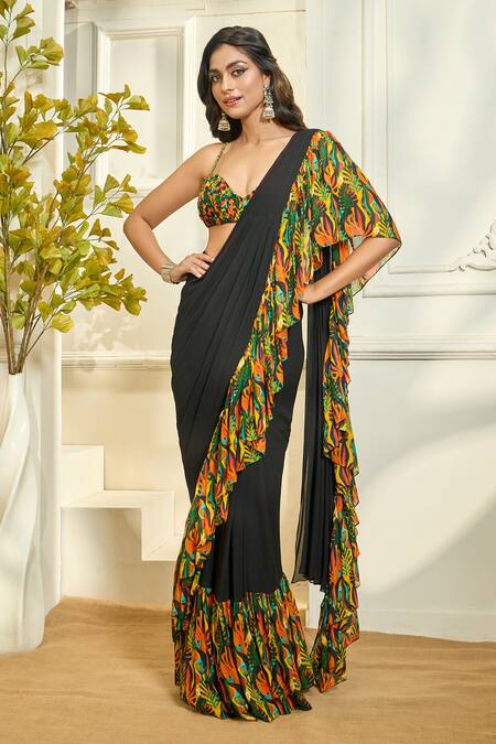Shop Aariyana Couture Multi Color Georgette, Tropical Print Ruffle Pre-stitched Saree With Blouse Shop_Aariyana Couture_Multi Color Georgette, Tropical Print Ruffle Pre-stitched Saree With Blouse
