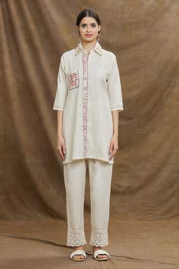 Naintara Bajaj_Beige Jute Embroidery Floral Collar Neck Placement Top And Pant Set _Online_at_Aza_Fashions
