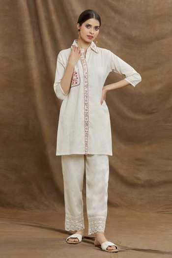 Buy_Naintara Bajaj_Beige Jute Embroidery Floral Collar Neck Placement Top And Pant Set _Online_at_Aza_Fashions