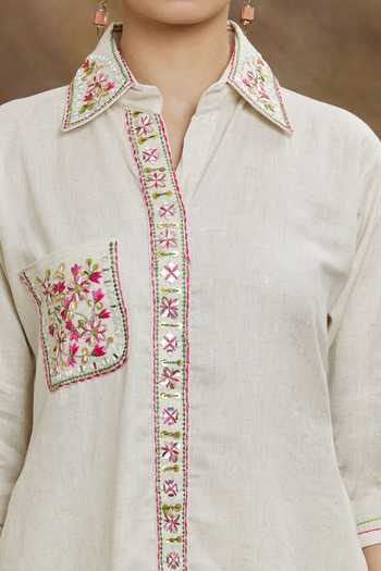 Shop_Naintara Bajaj_Beige Jute Embroidery Floral Collar Neck Placement Top And Pant Set _Online_at_Aza_Fashions
