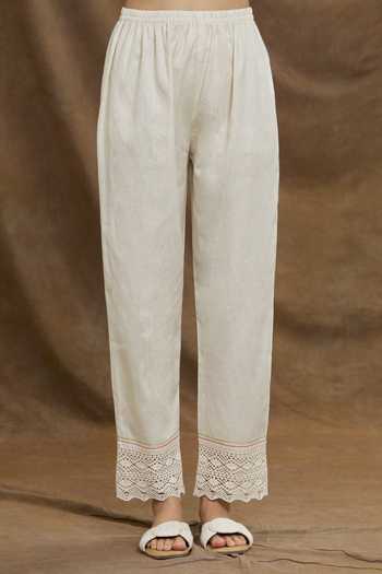Naintara Bajaj_Beige Jute Embroidery Floral Collar Neck Placement Top And Pant Set _at_Aza_Fashions