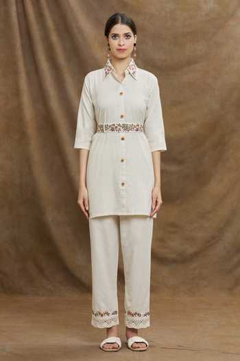 Naintara Bajaj_Beige Jute Embroidery Floral Collar Neck Top With Pant _Online_at_Aza_Fashions