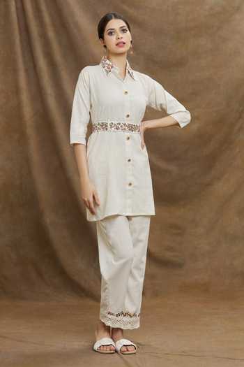 Buy_Naintara Bajaj_Beige Jute Embroidery Floral Collar Neck Top With Pant _Online_at_Aza_Fashions