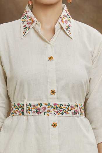 Shop_Naintara Bajaj_Beige Jute Embroidery Floral Collar Neck Top With Pant _Online_at_Aza_Fashions