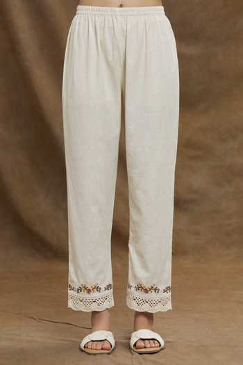Naintara Bajaj_Beige Jute Embroidery Floral Collar Neck Top With Pant _at_Aza_Fashions