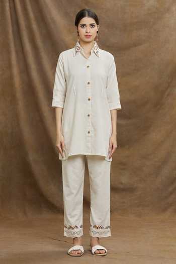 Buy_Naintara Bajaj_Beige Jute Embroidery Floral Collar Neck Top With Pant 