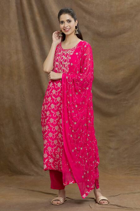 Naintara Bajaj_Pink Kurta Jacquard Embroidery Floral Round Neck Vines Work Pant Set _at_Aza_Fashions