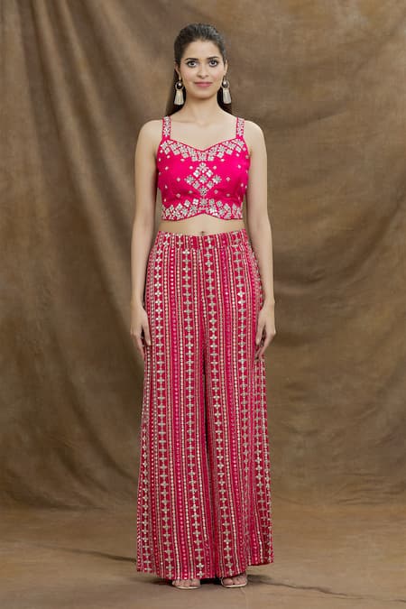 Buy Onion Pink Georgette Mirrors Crop top and Palazzo set with Embroidery