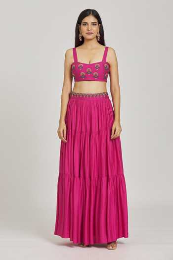 Khwaab By Sanjana Lakhani_Pink Silk, Cotton, Tulle Embroidery, Floral Zardozi Work Blouse Lehenga Set _Online_at_Aza_Fashions