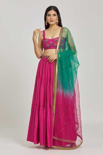 Buy_Khwaab By Sanjana Lakhani_Pink Silk, Cotton, Tulle Embroidery, Floral Zardozi Work Blouse Lehenga Set _Online_at_Aza_Fashions