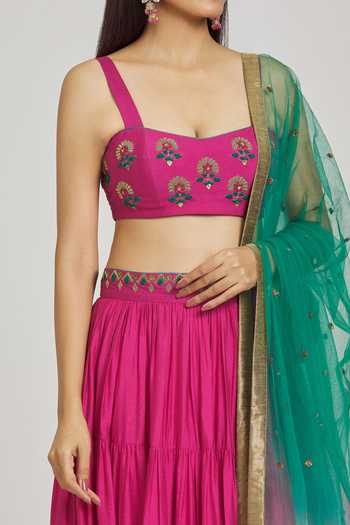Shop_Khwaab By Sanjana Lakhani_Pink Silk, Cotton, Tulle Embroidery, Floral Zardozi Work Blouse Lehenga Set _Online_at_Aza_Fashions