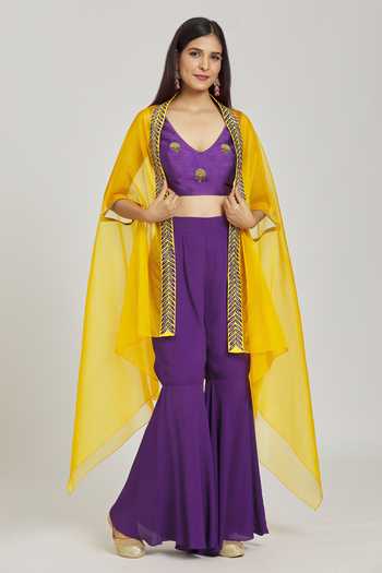 Shop Samyukta Singhania Yellow Silk, Modal Embroidery, Zari V-neck Wildflower Crop Top Gharara Set Online at Aza Fashions Shop_Samyukta Singhania_Yellow Silk, Modal Embroidery, Zari V-neck Wildflower Crop Top Gharara Set _Online_at_Aza_Fashions