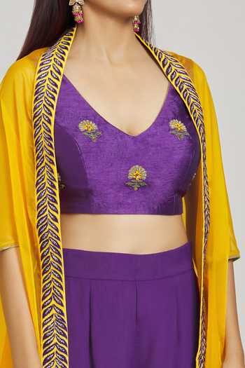 Samyukta Singhania Yellow Silk, Modal Embroidery, Zari V-neck Wildflower Crop Top Gharara Set at Aza Fashions Samyukta Singhania_Yellow Silk, Modal Embroidery, Zari V-neck Wildflower Crop Top Gharara Set _at_Aza_Fashions