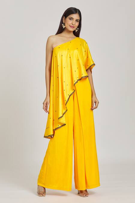 Samyukta Singhania Yellow Silk, Crepe, Modal Sequins, Aari Work Kaftan Top With Flared Pant Online at Aza Fashions Samyukta Singhania_Yellow Silk, Crepe, Modal Sequins, Aari Work Kaftan Top With Flared Pant _Online_at_Aza_Fashions