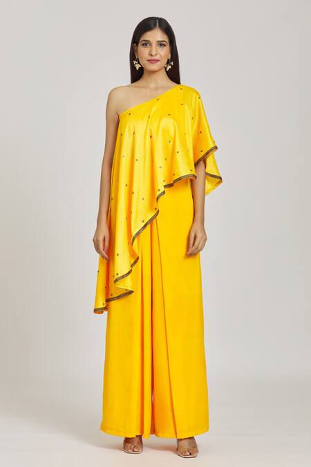 Samyukta Singhania Yellow Silk, Crepe, Modal Sequins, Aari Work Kaftan Top With Flared Pant at Aza Fashions Samyukta Singhania_Yellow Silk, Crepe, Modal Sequins, Aari Work Kaftan Top With Flared Pant _at_Aza_Fashions