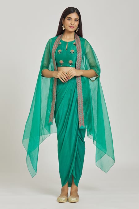 Samyukta Singhania Green Crop Top Raw Silk Embroidery Zardozi And Damask Draped Skirt Cape Set 